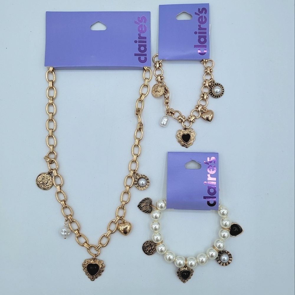 Claire's Gold & Black Charm Necklace & Bracelet Set NEW #0002